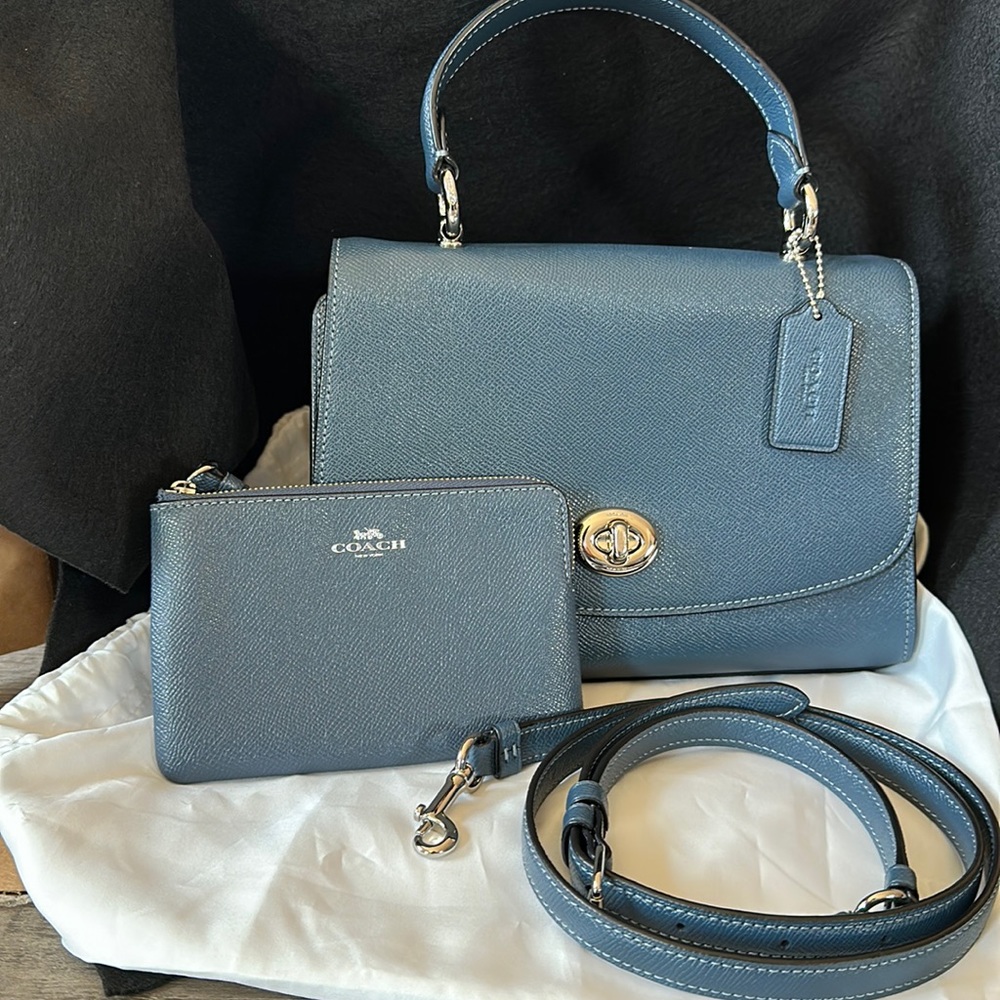Mini Coach leather bag and matching wallet.  Denim blue.  Like new!